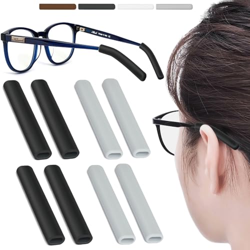4 Pairs Silicone Glasses Ear Cushion, Eye Glasses Ear Grippers Anti Slip, Glasses Ear Grips Non Slip, Eyeglass Ear Cushions for Pain, Temple Sleeves Tips Ear Pads for Glasses Slip Preventer (BLK&Gry)