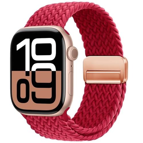 Magnetic Braided Loop Band Compatible with Apple Watch Series 11 10 46mm 9 8 7 6 5 4 3 42mm 44mm 45mm 49mm for Women Men, Stretchy Nylon Elastic Sport Strap for iWatch SE/Ultra 1/2/3, Red Re