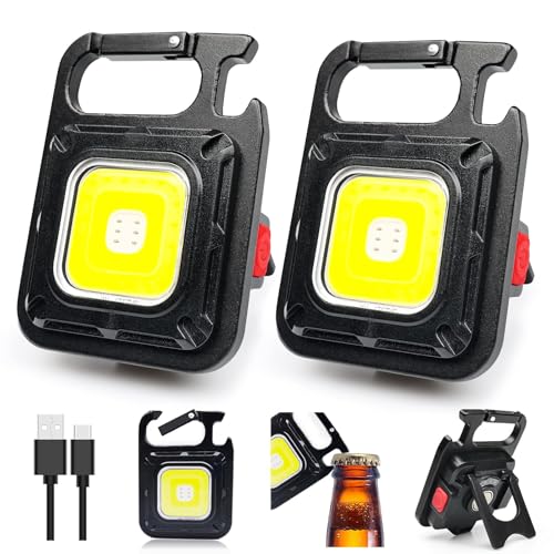 MAKDAK COB Schlüsselanhänger-Arbeitsleuchte 2pc taschenlampe mini led taschenlampe taschenlampe klein sehr hell mit 7 Leuchtmodi Notfallleuchte mit klappbarem Halter Flaschenöffner und Magnetfuß
