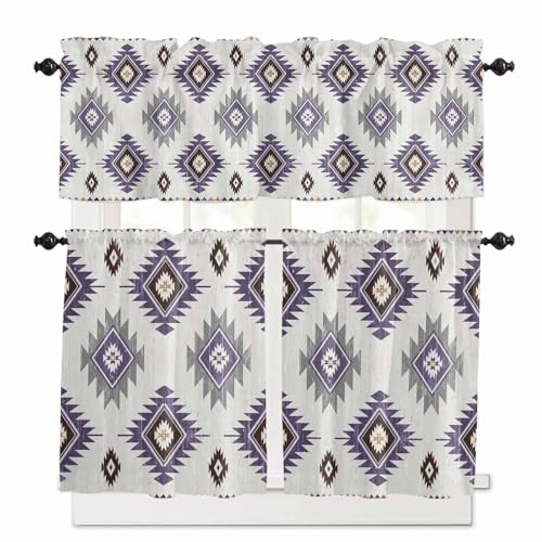 Purple Aztec Kitchen Curtains 24 Inch Length, 3 Piece Rod Pocket Small Half Tiers and Valance Set, Southwest Boho Abstract Gray Geometric Small Large Window Treatment Decor for Bedroom/Bathroom Sink