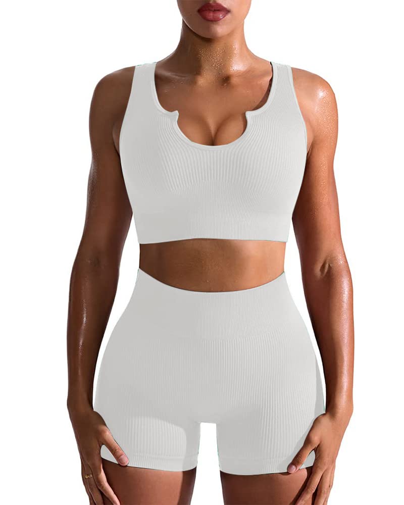 YVYVLOLOWorkout Sets for Women 2 Piece Seamless Ribbed Sports Bra High Waist Yoga Shorts Outfits