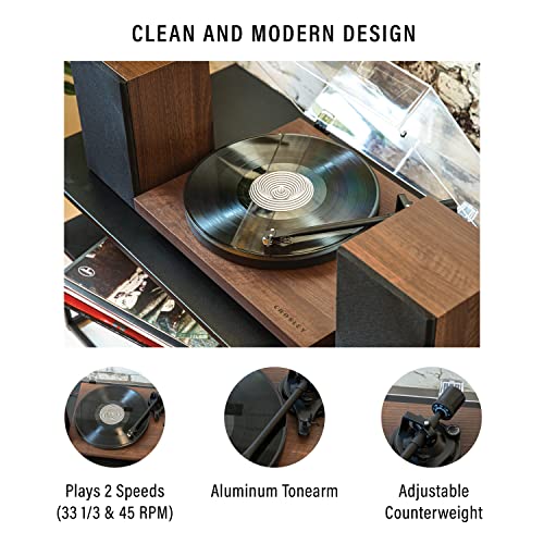 Image of Crosley C62C-WA Record Player with Speakers, Walnut | 2-Speed Turntable, ATN3600L Audio-Technica Cartridge, Standard 1 /2 inch Mount, Bluetooth In, Matching External Speakers