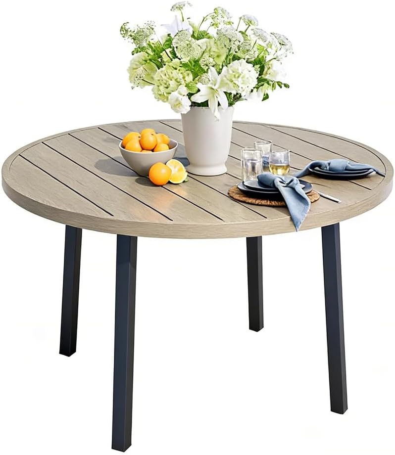 5 Pieces Patio Table and Chair Set of 4, Patio Furniture Set Includes 4 Grey Stackable Lightweight Outdoor Chairs and 1 Honey Oak Round Table, Metal Tables and Chairs for Outside, Garden
