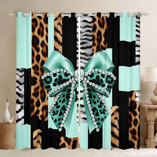 FeelyouGreen Bow Curtains for Bedroom Living Room Girls Leopard Print Blackout Shades Cheetah Room Darkening Curtain Window Treatments, 2 Panels 52 x 90 Inch Bow Knot Print Decor