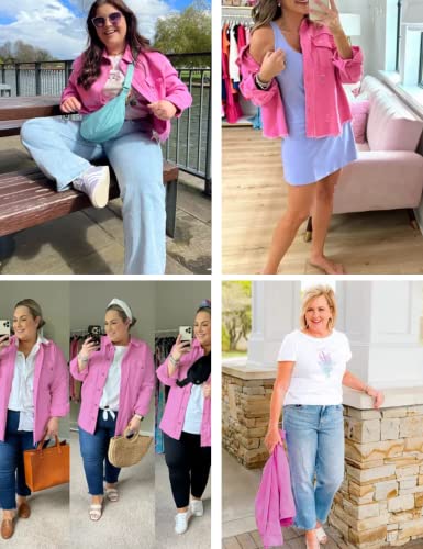 Puwei Ripped Fringe Jean Jacket Women Distressed Washed Button Down Frayed Denim Shacket With Pocket(2536-Pink-M) #TOP1