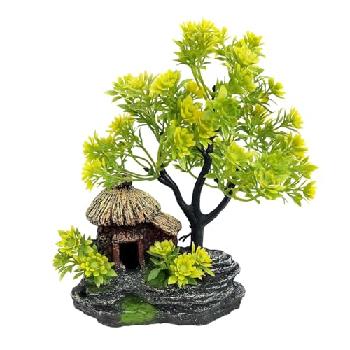 Image of JAINSONS PET PRODUCTS 7 Inch Aquarium Decor Artificial Tree with Hut, Durable Plastic Fish Tank Ornament for Freshwater and Saltwater Aquarium Decoration