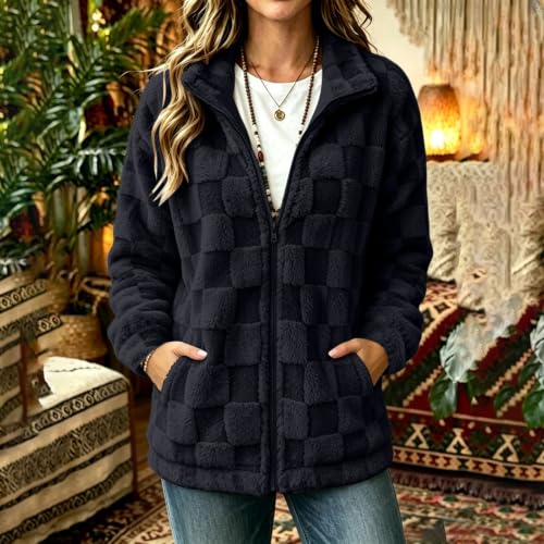 Fleece Jacket Women Checkered Textured Teddy Coat Fall Winter Warm Outfits - image 7