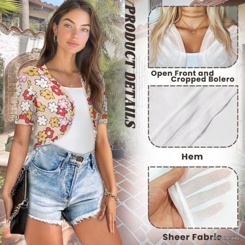 Image of Womens Short Sleeve Cardigans Lightweight Summer Cardigan Trendy Bolero Shrug Cute Floral Cardigan Sheer Bolero