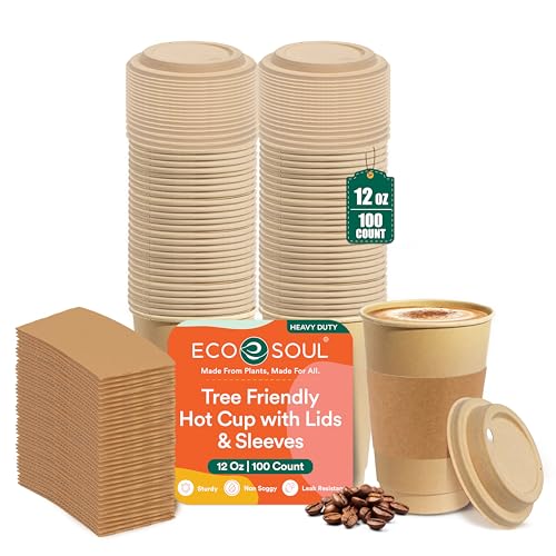 ECO SOUL 100 Pack Disposable Coffee Cups with Lids