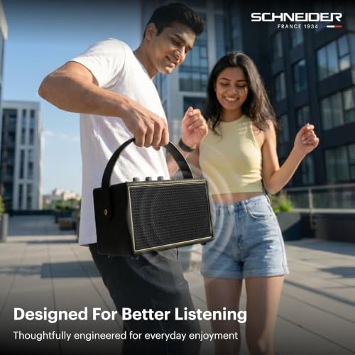 Image of Schneider ENERZA HP60 Wireless Portable Home Audio Speaker | 60W Triple-Driver 360 Sound | Wooden Acoustic Enclosure with Bluetooth 5.4 IPX4 Splashproof | Vintage Classic Design - Black