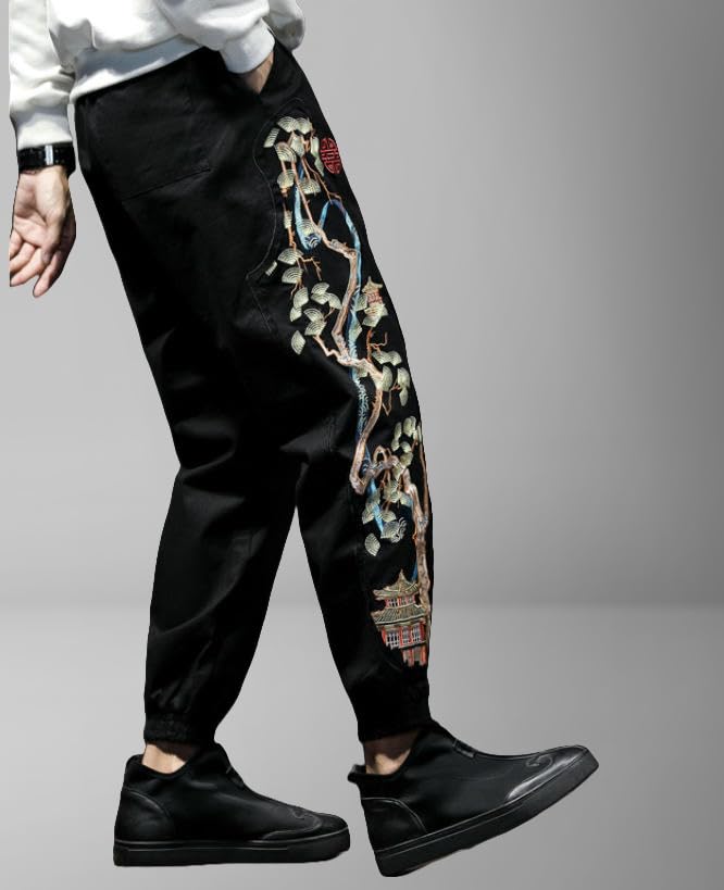 Pantalon brodé homme coupe décontractée et patchwork style traditionnel chinois