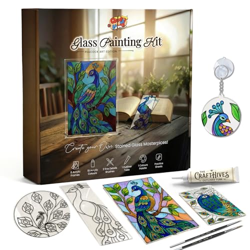 Image of The Crafthives Peacock Glass Painting Kit | DIY Stained Glass Peacock Art Set with Acrylic Frames, Colours, Brushes & Outliner | Creative Glass Painting Craft Kit for Kids Beginners Adults