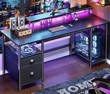 Furologee 51' Gaming Desk with Power Outlets & LED Lights, Reversible Computer Desk with File Cabinet & Monitor Stand for Home Office, Large Work Table with Storage Shelves & Drawer, Black