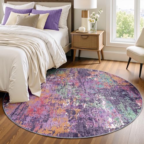 RELEANY Washable Round 4ft Area Rug for Living Room Purple Multi