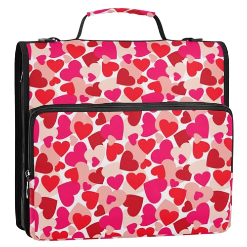 Boccsty Red Pink Hearts Zipper Binder 3 Ring Binders Expanding File Folder Multi-Pocket Zipper Binder Organizer for School Shoulder Strap and Handle
