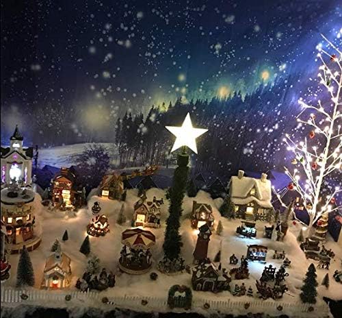 Leowefowa 9X6FT Christmas Backdrop Rustic Village Night View Forest Trees Snowing Shining Lights Blue Sky Winter Xmas Vinyl Photography Background Kids Children Adults Photo Studio Props