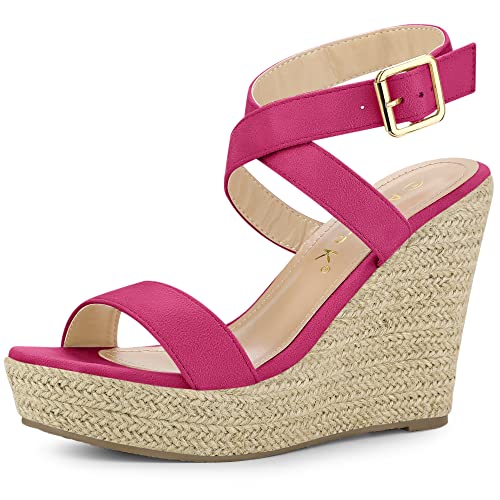 Allegra K Allegra K Women's Slingback Crisscross Espadrille Wedge Hot Pink Heel Sandals 7.5 M US