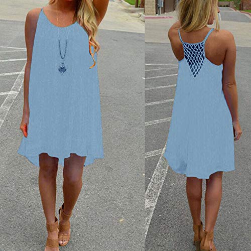 Franterd Dress Womens Spaghetti Strap Back Howllow Out Chiffon Beach Short Dress Blue #TOP1