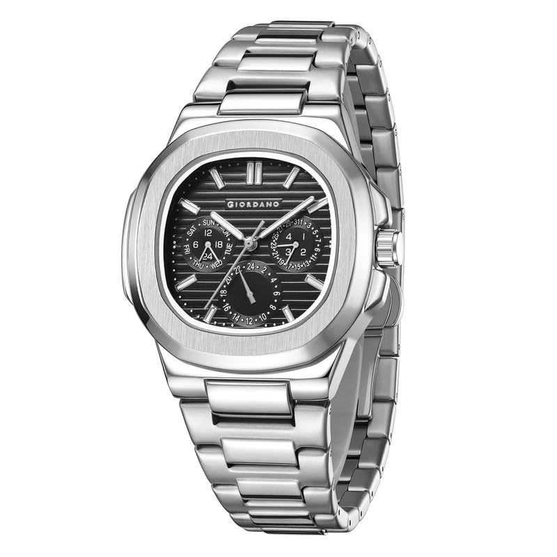 Image of Giordano Analog Multifunction Watch for Men - Textured Dial with Cushion Case, Luminous Index Markers, Stainless Steel Strap, Day & Date Display
