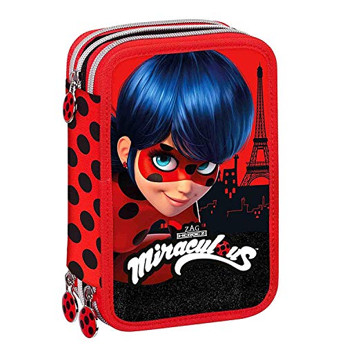 SIMPLORI Miraculous Lady Bug Astuccio 3 Zip Completo di Cancelleria Collezione Scuola 2019-20