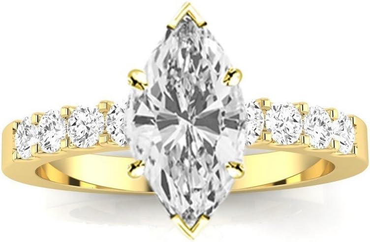 1 Carat 14K White Gold Classic Prong Set Round Marquise Cut Diamond Engagement Ring (0.5 Ct H Color VS2 Clarity Center Stone)