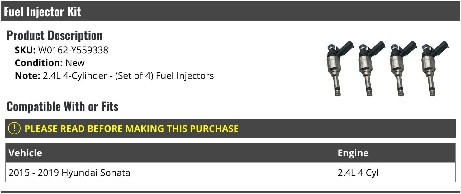Fuel Injector Kit - 4-Piece - Compatible with 2015-2019 Hyundai Sonata 2.4L 4-Cylinder