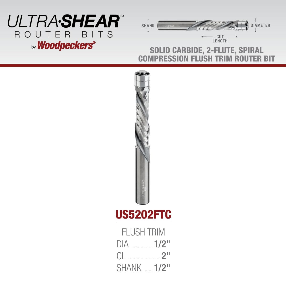 Solid Carbide Flush Trim Router Bits, 1/2" CD, 1/2" SH, 2" CL, 2FL, Compression, USA Made Spiral Bit, Twin Bearing for Template & Pattern
