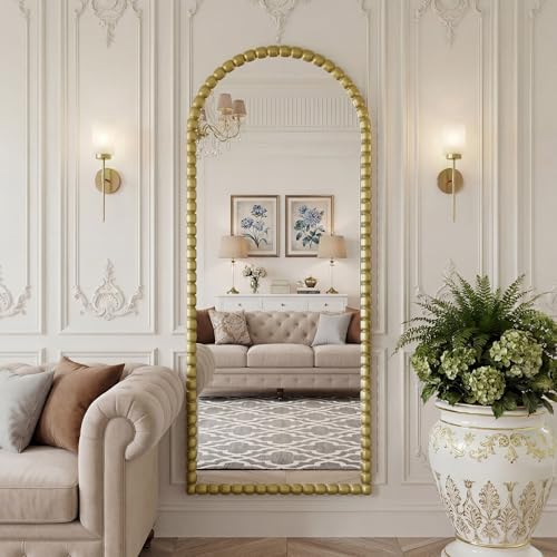 Image of Vintage Full Length Mirror with Stand, 71x28 Inch Arched Beaded Full Body Mirrors, Large Floor Mirror Standing Mirror Full Length Wall Mounted Decor for Bedroom Living Room Cloakroom, PU Frame, Gold
