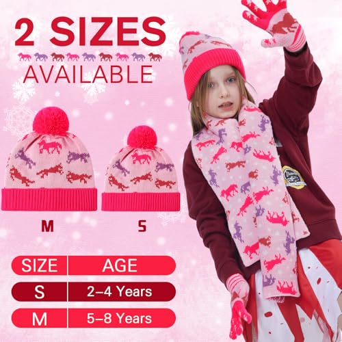 Unicorn Girls Winter Hat Scarf Gloves Sets Kids Beanie Hat with Pom Christmas Knit Neck Mittens for Toddlers Gift4