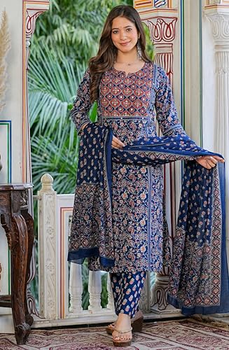 Image of Amayra Women's Pure Cotton Printed Straight Kurta Set with Palazzo Pants & Dupatta|Ethnic wear|Kurti Suit Set for Women