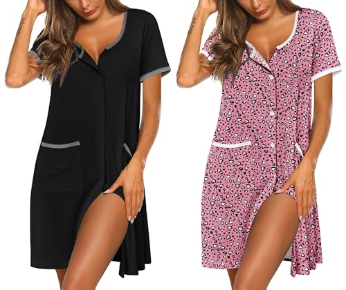 Image of Ekouaer 2 Pack Nightgowns for Women Button Down Houese Dress with Pockets