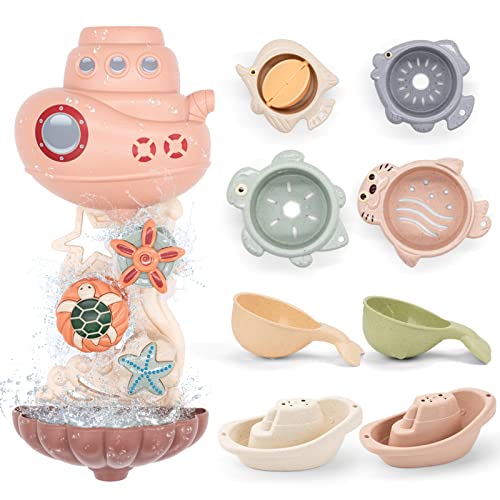 Image of XITALAXU Baby Bath Toys for Toddlers 1-3 Year Old, Bathtub Water Toys for Kids Age 2-4 with 4 Stacking Cups, 2 Boats and 2 Whale-Shaped Spoons, Birthday Gifts for Infants Boys Girls 6-12 Months