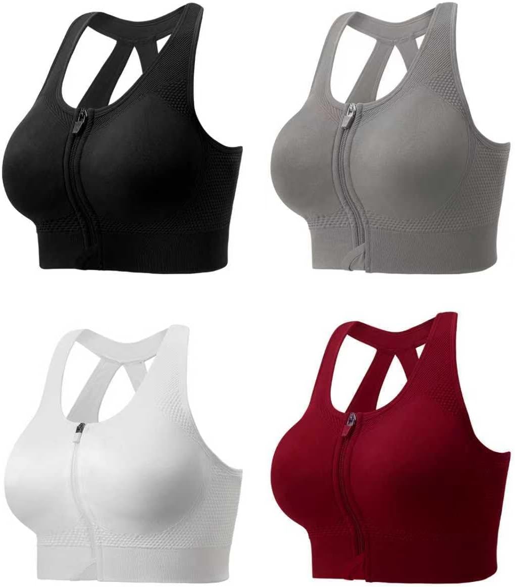 Senlinyoga Zip Front Sports Bras for Women-Support Padded Bra Pack Fitness Workout Yoga Gym Running Crop Tank Top 