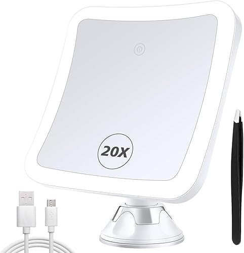 Espejo de aumento 20X con luz, espejo de maquillaje iluminado con aumento, espejo de tocador de rotación 360, ventosa de espejo de aumento,