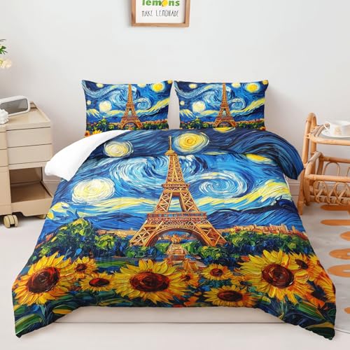 Image of AILONEN Eiffel Tower Floral Queen Comforter Set,Oil Van Gogh Sunflower Printed Bedding Sets,3 Pieces Starry Night Flower Quilt with 2 Pillowcase,Soft Breathable