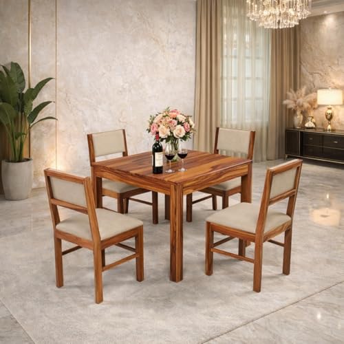 Image of Solid Sheesham Wood 4 Seater Dining Table Set with Cushioned Chairs for Dining Room | Living Room | Home & Office | Hotels Restaurant & Cafe (Honey, 4 Seater)