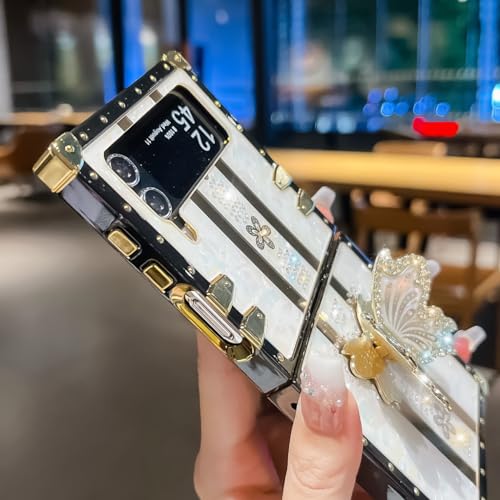 TRODINO Cute Samsung Galaxy Z Flip 3 / Z Flip 4 Case, Luxury Bling Butterfly Design with Foldable Stand Kickstand for Women & Girls, Flexible Shockproof Protective Case for Z Flip 3/4 6.7” (White)