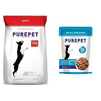 Purepet Chicken & Vegetable Adult Dog Food 20kg & Wet Dog Food, Chicken and Vegetable Chunks in Gravy, 24 Pouches (24 x 70g)