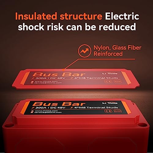 Image of LiTime 300A Bus Bar Power Distribution Block, 4 x M8 Studs, Max 48V DC, Red