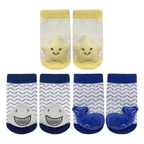 Image of PUPPET Cute Baby Rattle Socks for Infants 0-6 Months Marine Animals Themed Set Starfish Shark Whale Boogie Toes Socks Series