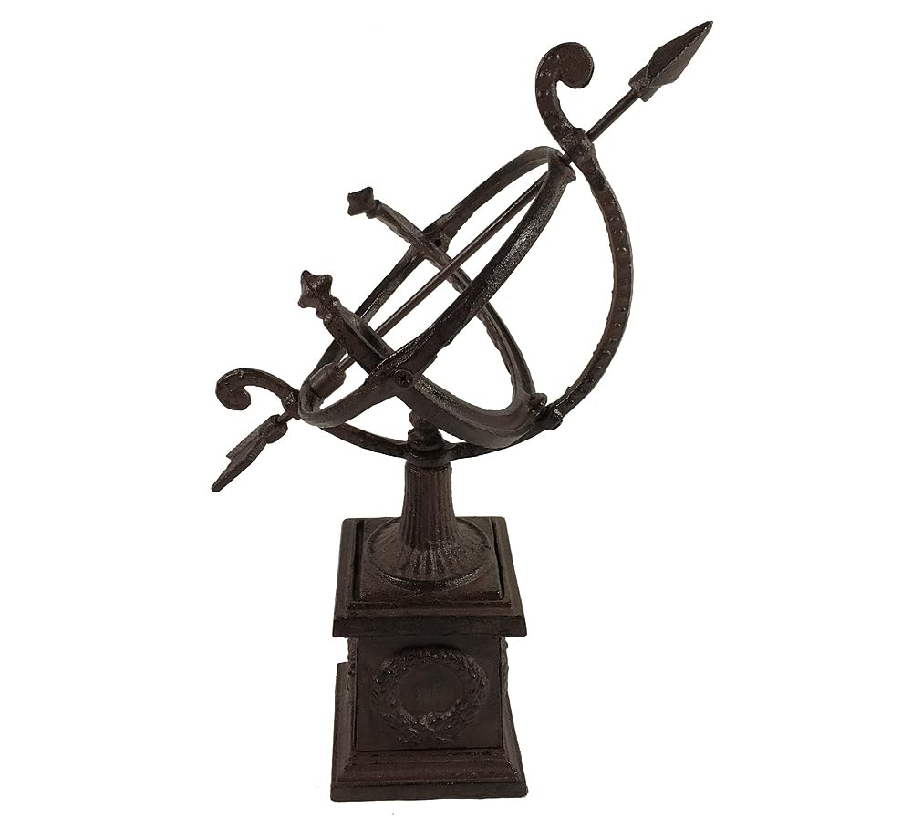 zeitzone Sonnenuhr auf Standfuß Antik-Stil Gusseisen Braun Gartendeko H 34cm