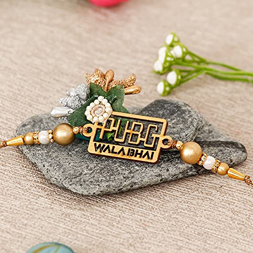Image of eCraftIndia Golden Pubg Wala Bhai Designer Rakhi for Brother with Best Bro Ever Fridge Magnet and Roli Chawal Pack