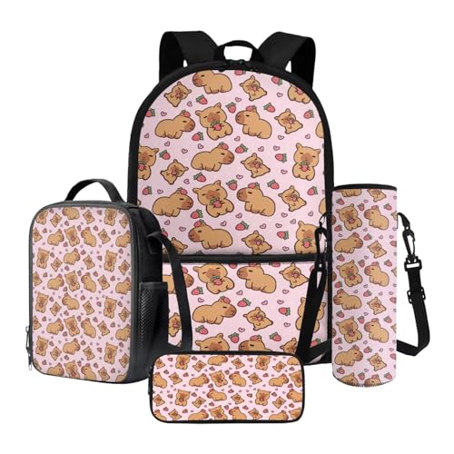 Xoenoiee Capybara Strawberry Pink Pattern 4Pcs School Backpack Set for Kids 17 Inch Large Bookbag with Insulated Lunch Box, Pencil Case, Water Bottle Holder