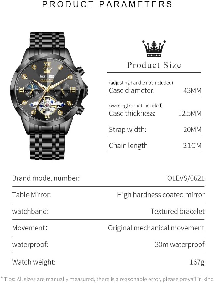 OLEVS Men Automatic Watch Diamond Skeleton Mechanical Luxury Self Winding Moon Phase Calendar Waterproof Wrist Watch for Men - Image 7