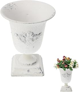 POPETPOP Tall Metal Urn Planter 7.47"" Distressed White – Rust-Proof Pedestal Vase for Floral Arrangements, Rainproof for Garden & Patio, Farmhouse Centerpiece for Wedding & Home Decor