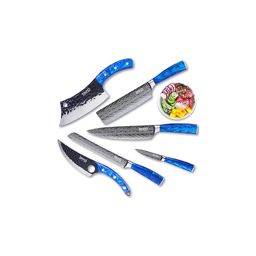 Jikko New Reinforced Carbon Steel Japanese Kitchen Knife Set – DiamondRazor Series – Ultra Sharp Japanese Knife Set & Chef Knife Set with Ocean Blue Handles – Professional Chef's Knives