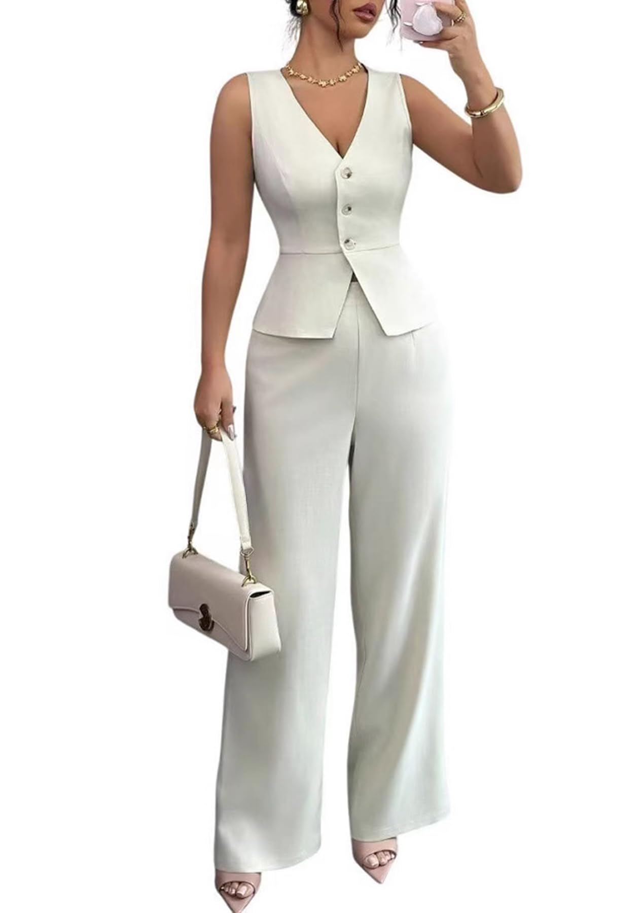 Famnbro Womens Suits 2 Piece Set Vest Blazer and Wide Leg Pants Set Summer Works Business Casual Dressy