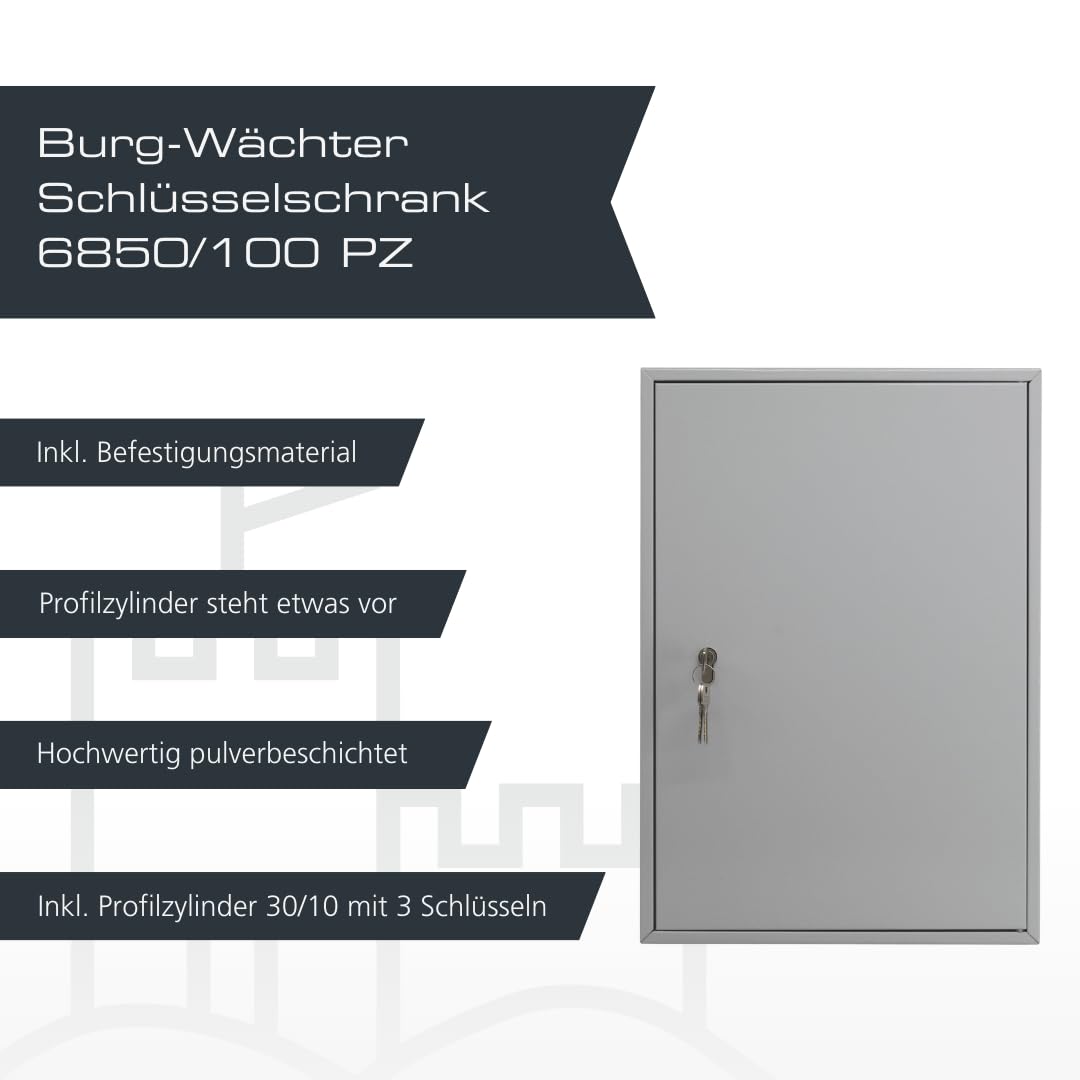 BURG-WÄCHTER Schlüsselschrank zur Wandmontage, Farbige Hakenleisten und Schlüsselanhänger, Herausnehmbares Schlüsselregister, inkl. Profilzylinder 30/10 und 3 Schlüssel, 100 Haken, 6850/100 PZ, Grau