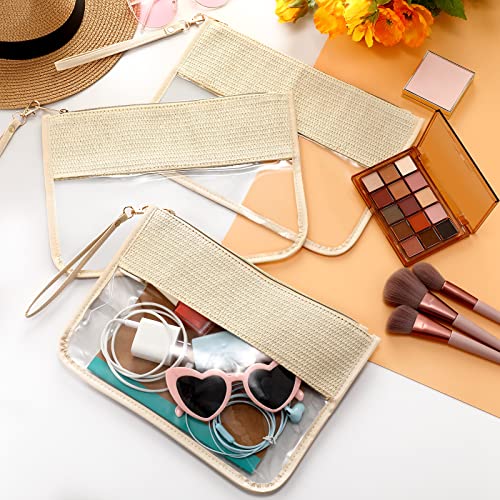 Silkfly 9 Pcs Braid Clear Straw Leather Travel Makeup Bag PU Leather Pouch with Zipper and Wristlet Clear Travel Pouch Waterproof Portable PVC Cosmetic Bag for Women, Beige2