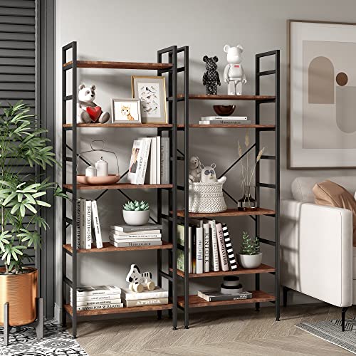 Miocasa Bookshelf, Adjustable Industrial Bookshelves Organizer, Rustic Wood And Metal Standing Shelving Unit Storage (5-Tier) #TOP6